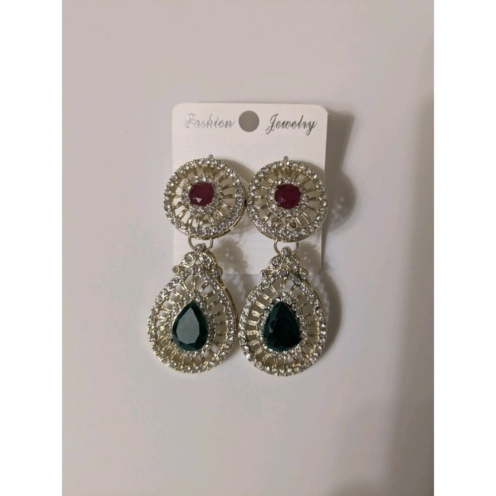 Gold Tone Dangle Earrings With Green Red And White Crystal Accents